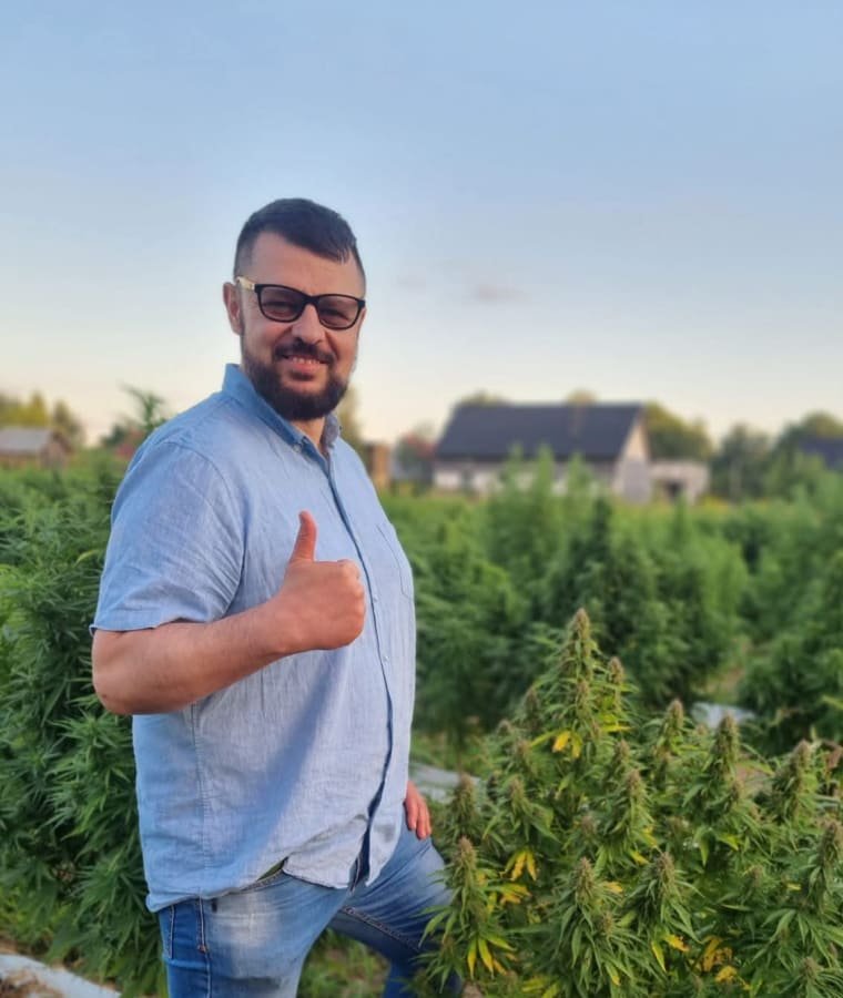 Rafał Błażejewski na plantacji konopi